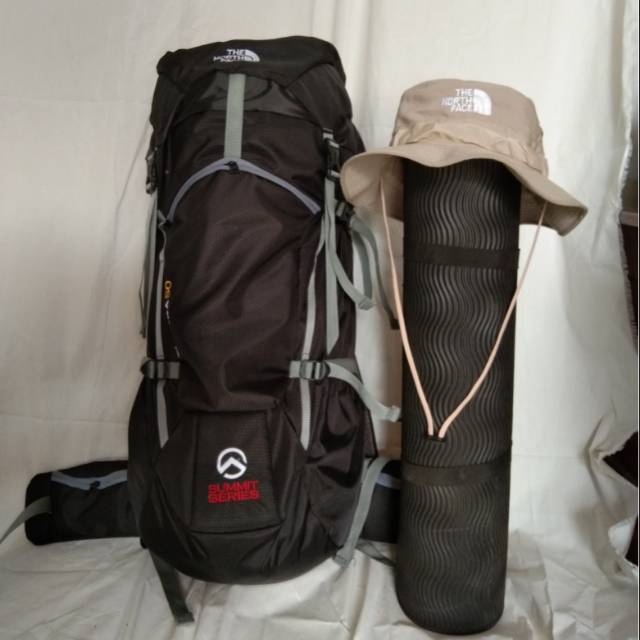 Paket champing carrier tnf hitam bucket hat matras spons