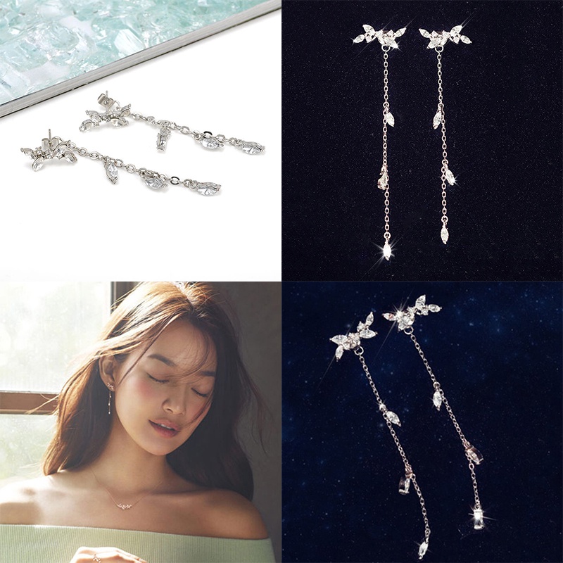 [FULLのJY] Women Long Korean Style Tassel Leaves Ear Stud Drop Dangle Hook Earrings