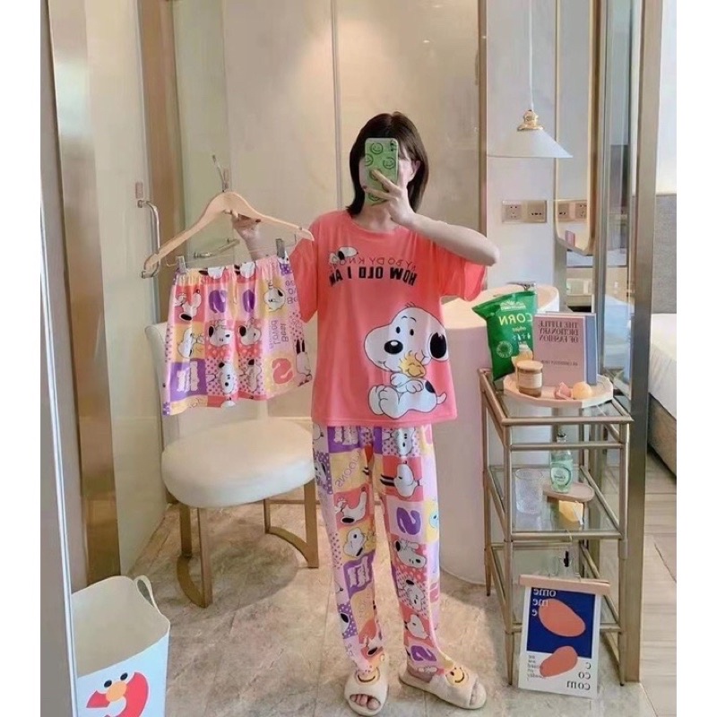 JC- Stelan Oversize 3in1 Import / Piyama 3in1 / Piyama Korea wanita terbaru Murah-3in1 SnoopyHugSALEM