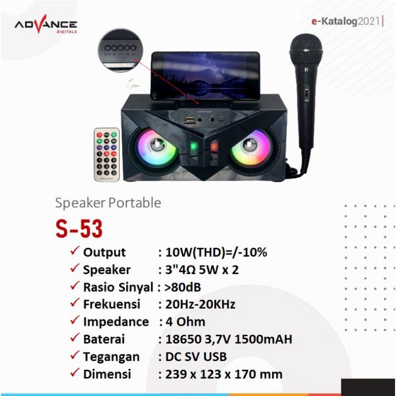 Speaker Bluetooth Advance S53 Free Mic Karaoke/Salon Aktif Radio Fm Box Music/Speaker Aktif Portable