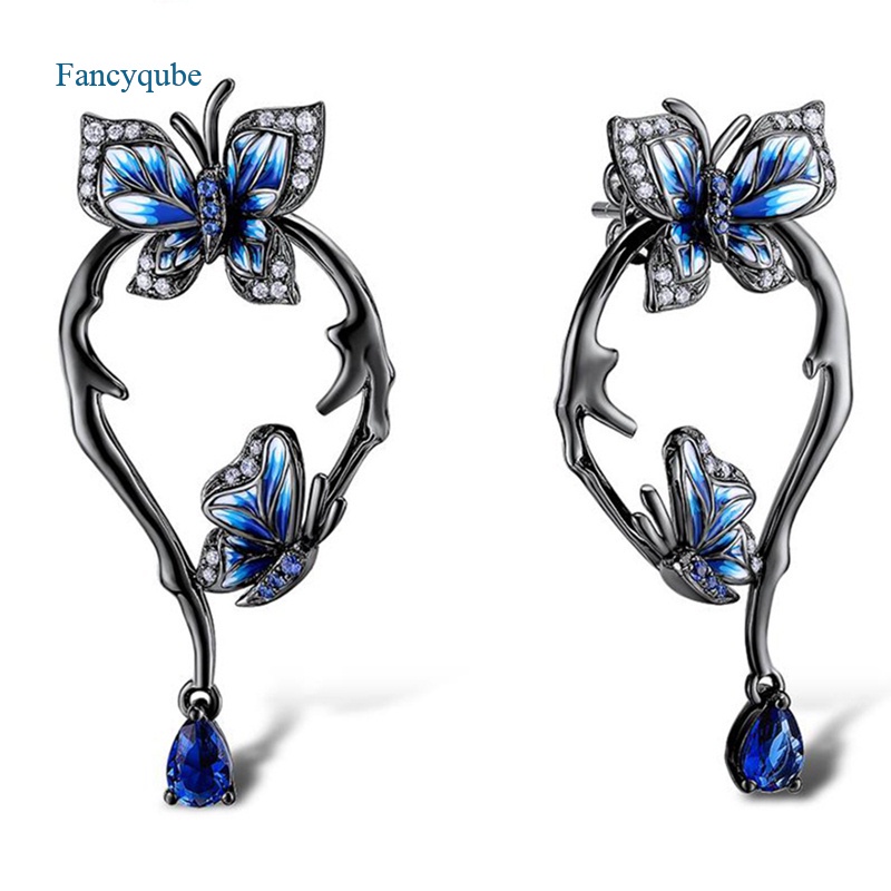 Fancyqube Anting 925 Sterling Silver Bentuk Kupu-Kupu Biru Glamor Buatan Tangan Untuk Wanita Handmade