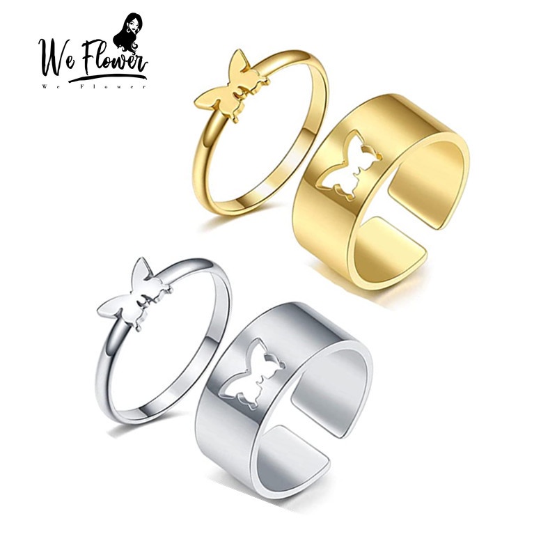 We Flower 2PCs Punk Chunky Metal Butterfly Rings Set for Women Girls Chic Finger Ring Jewelry