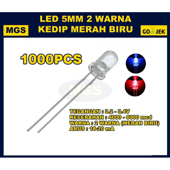 1000Pcs LED 5mm 2 Warna Merah - Biru