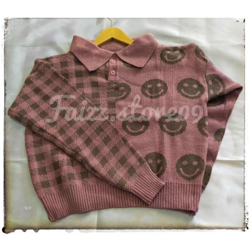 SWEATER RAJUT MOTIF SMILE SQUARE | BLOUSE KERAH RAJUT PREMIUM MOTIF Smile| BLOUSE RAJUT TEBAL Wanita STORE09 Murah