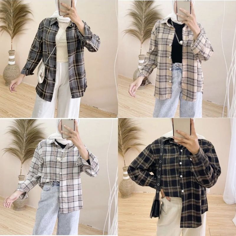 Kemeja Flanel Wanita Motif Kotak Kotak Oversize Baju Korean Style Wanita Outer Kemeja