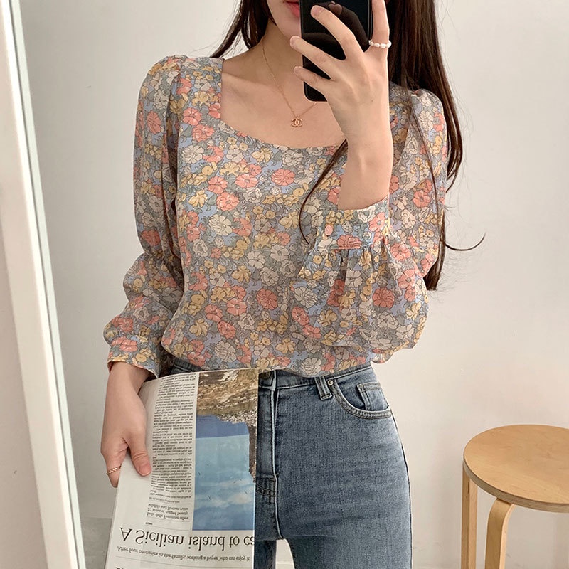 #Sisjuly# Wanita Musim Gugur Kemeja Bunga Manis Retro Leher Persegi Lengan Panjang Kemeja Longgar Ch