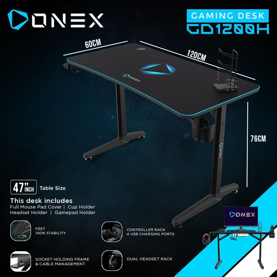 Meja Gaming ONEX GD1200H Gaming Desk Meja 47&quot; Mousepad Holder Rack USB