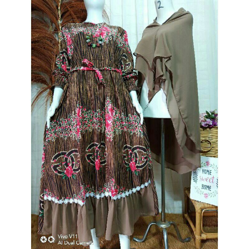 Set gamis motif cantik gamis terbaru syar'i set syar'i khimat syar'i dua layer seruti bebidol