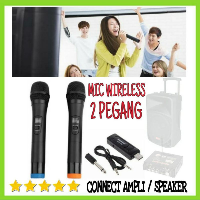 3R Microphone Wireless Mic Karaoke Connect Ampli Speaker Dua Mic UHF