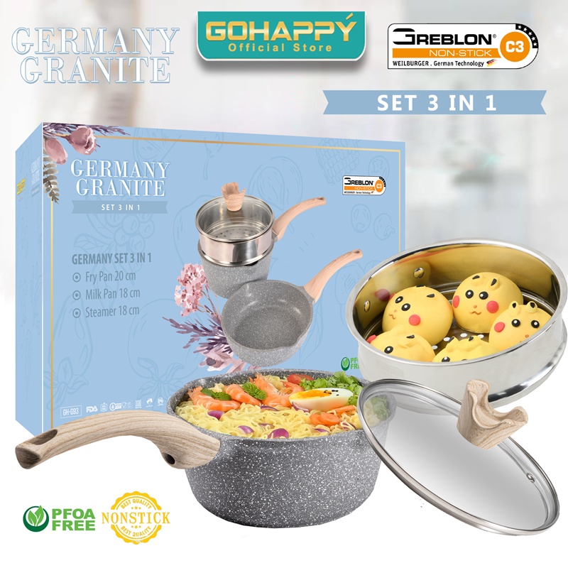 PANCI GREBLON Set 3 IN 1 milk fry pan steamer Gohappy GERMANY GRANITE AMAN bayi anak WOK CASSEROLE