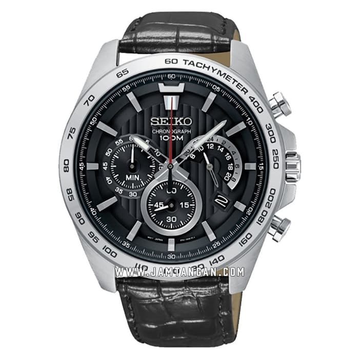 Seiko SSB305P1 Chronograph Quartz Tachymeter Black Dial Black Leather