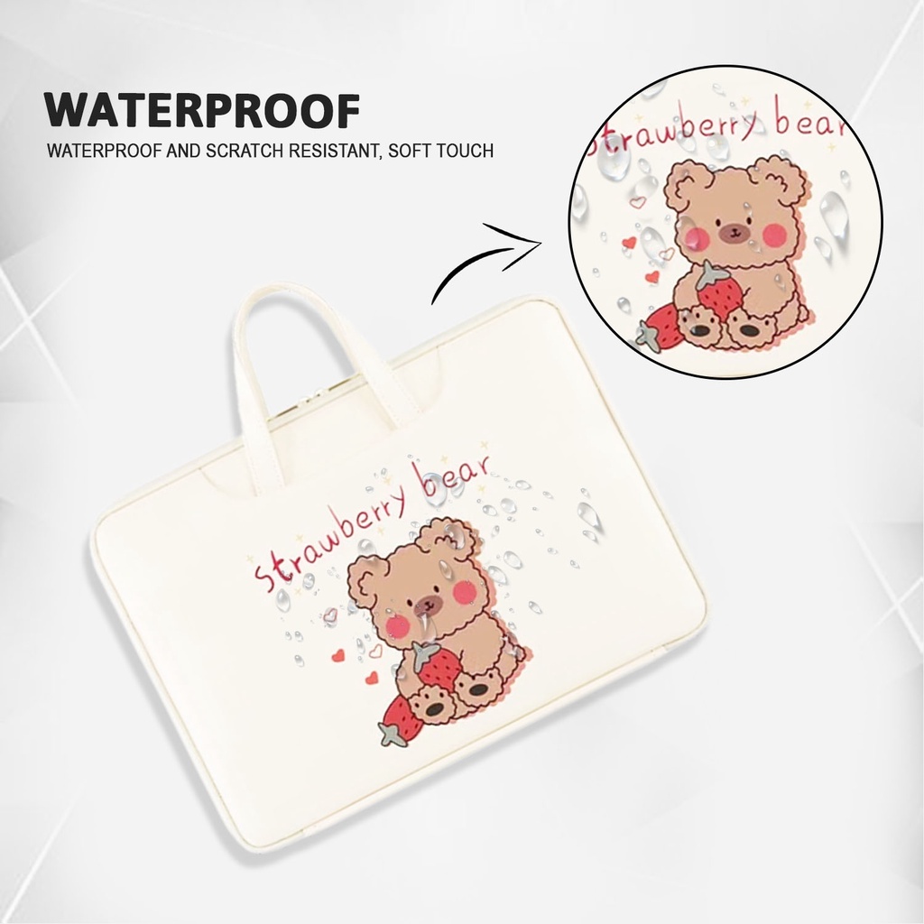 Sleeve Pouch Sarung Tas Bag Case Ipad Tab Tablet Macbook Air Pro Laptop Asus Acer Lenovo HP Huawei 11 12 13 14 15 inch Motif Gambar Strawberry Bear Beruang Warna Putih Lucu Cute Murah Korean Model Jinjing Tali Strap