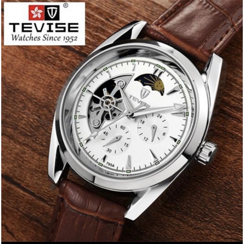 Jam Tangan Automatic Original Tevise All Chrono Active Silver Tali Kulit