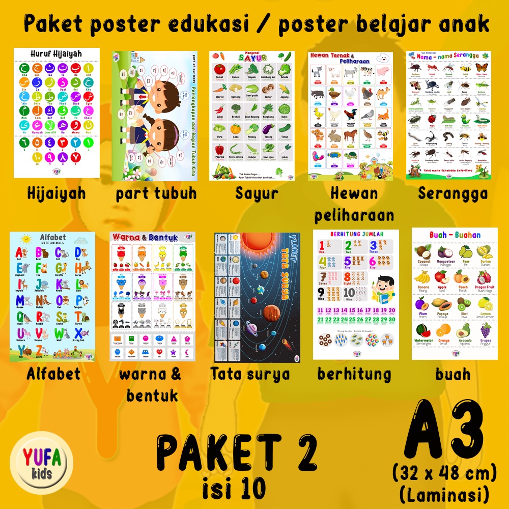 Poster paket 2 isi 10 - Poster Edukasi Anak - Poster belajar anak - Poster wipe and clean - perlengk