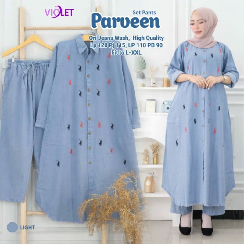 Parveen One Set Setelan Celana Kulot Tunik Jeans Bordir Polo Ld 120 Jumbo Fit XXXL Busui Kancing By 