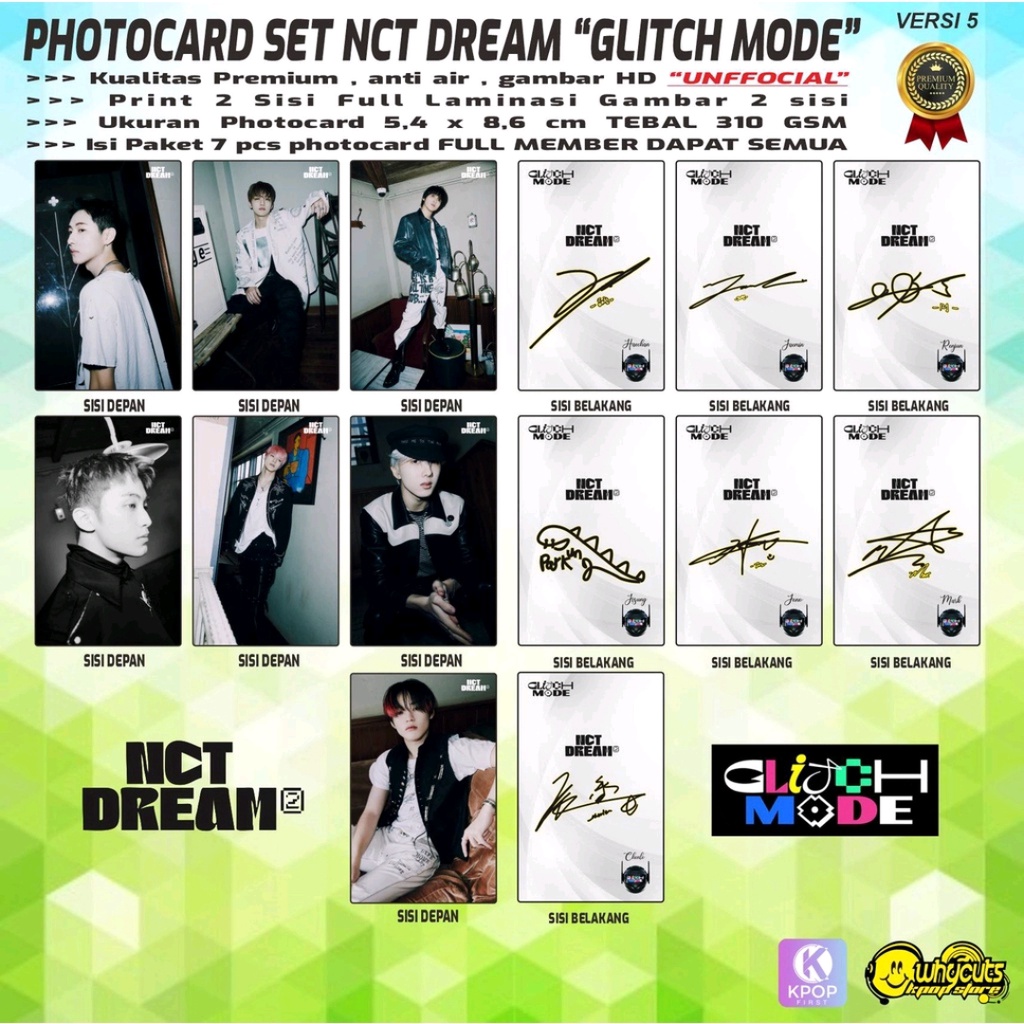 PHOTOCARD SET KPOP PREMIUM NCT DREAM // GLICTH MODE // FULL LAMINASI GLOSSY PRINT 2 SIS dan 1 SISI