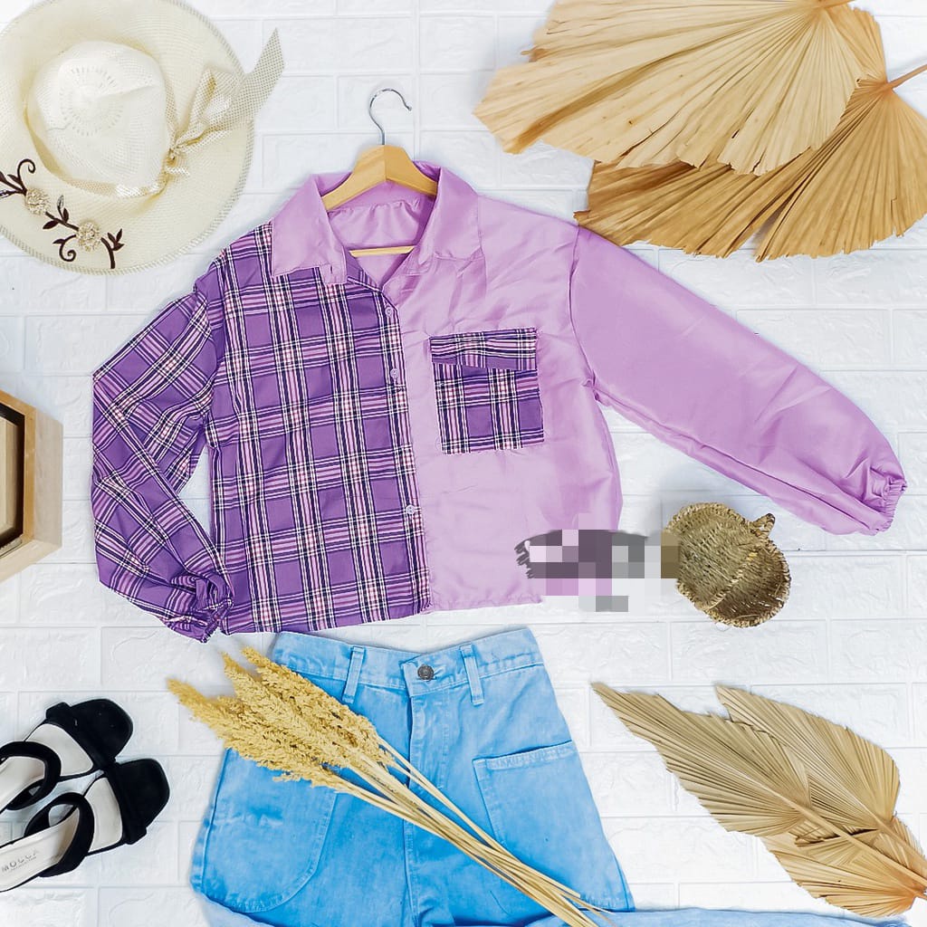 BEFAST - ZEC Kemeja Wanita ENJIYU / Haidy Combine Oversize Tartan Shirt / Kemeja lucu Kotak-kotak / Kemeja Lengan Panjang Kekinian / Kemeja Kekinain