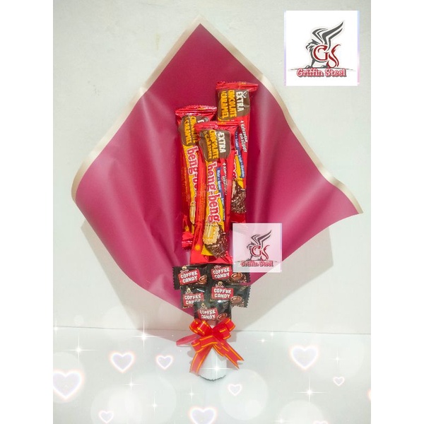 

Snack buket / bouquet beng beng permen kopi snack hadiah hampers ulang tahun anak kado snack merah maroon low budget murah meriah