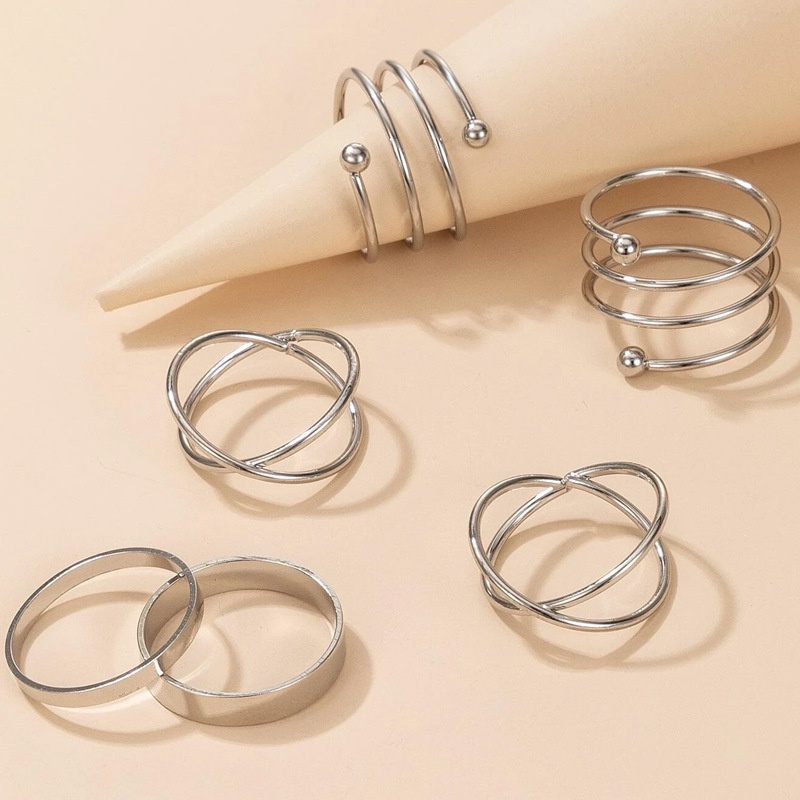 6pcs / Set Cincin Model Terbuka Adjustable Bahan Metal Warna Silver / Gold Untuk Wanita