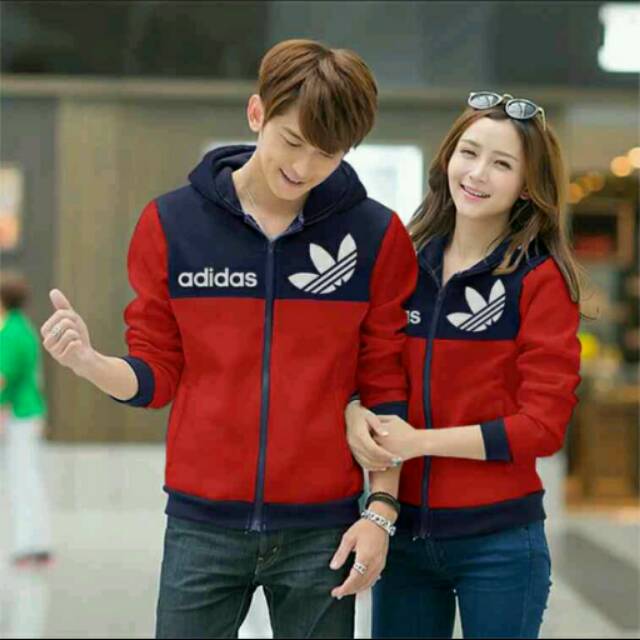 Couple jaket adidas navy merah jacket hoodie pasangan