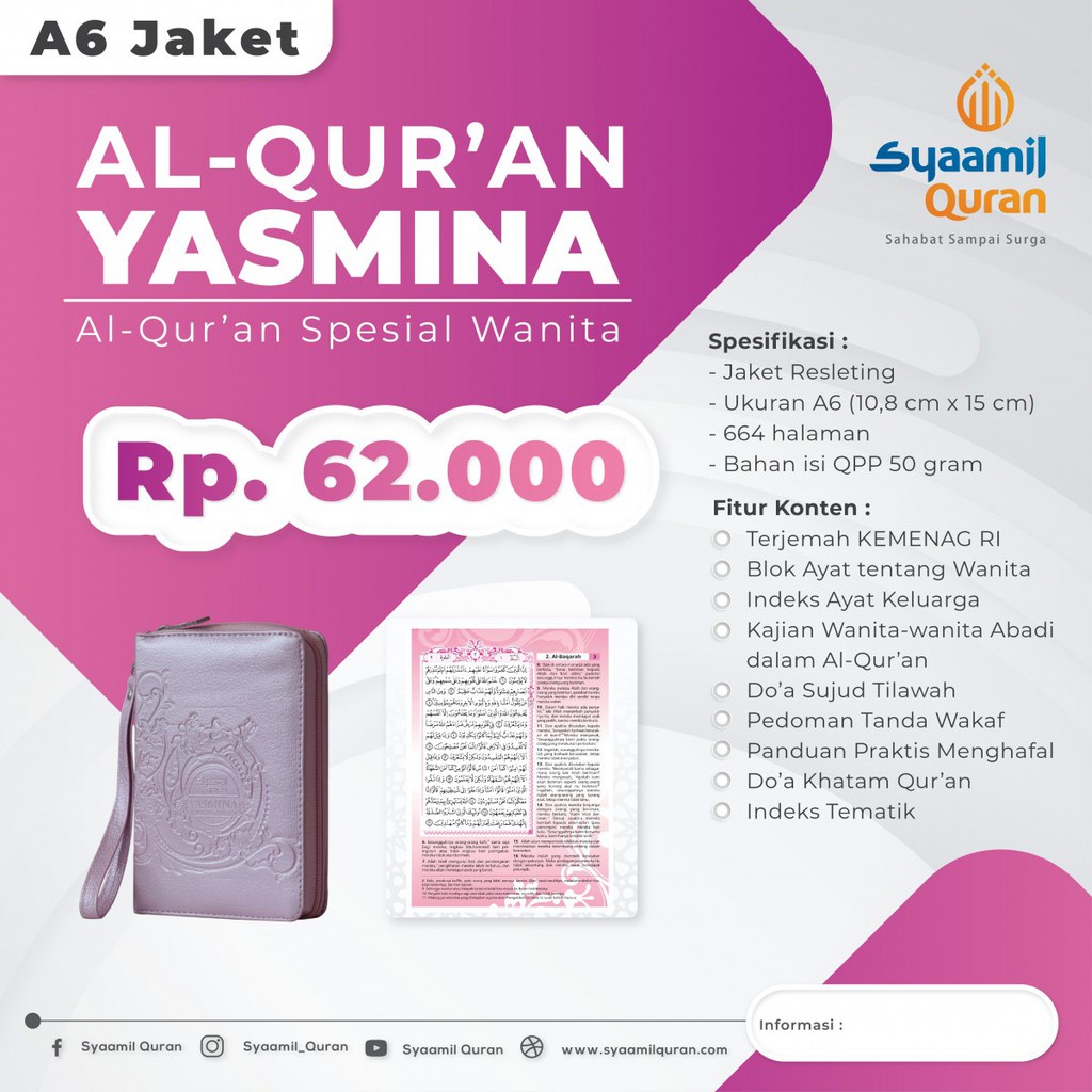 Al-Quran YASMINA A6 Jaket Resleting / Mushaf Yasmina Terjemah For Woman - Syaamil Quran