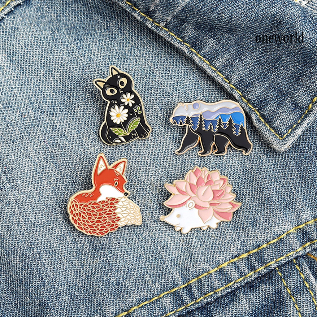 OW@ 4Pcs Animal Badge Fox Cartoon Flowers Design Cartoon Animal Japanese Style Enamel Brooch for Birthday Gifts