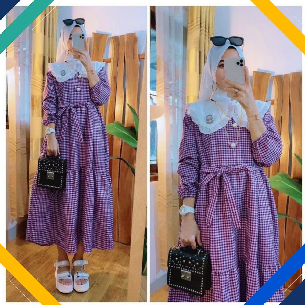 Midi None Dres Kotak Lavender Kekinian Gamis 0152 Premium UKX Baju Gamis Wanita Terba