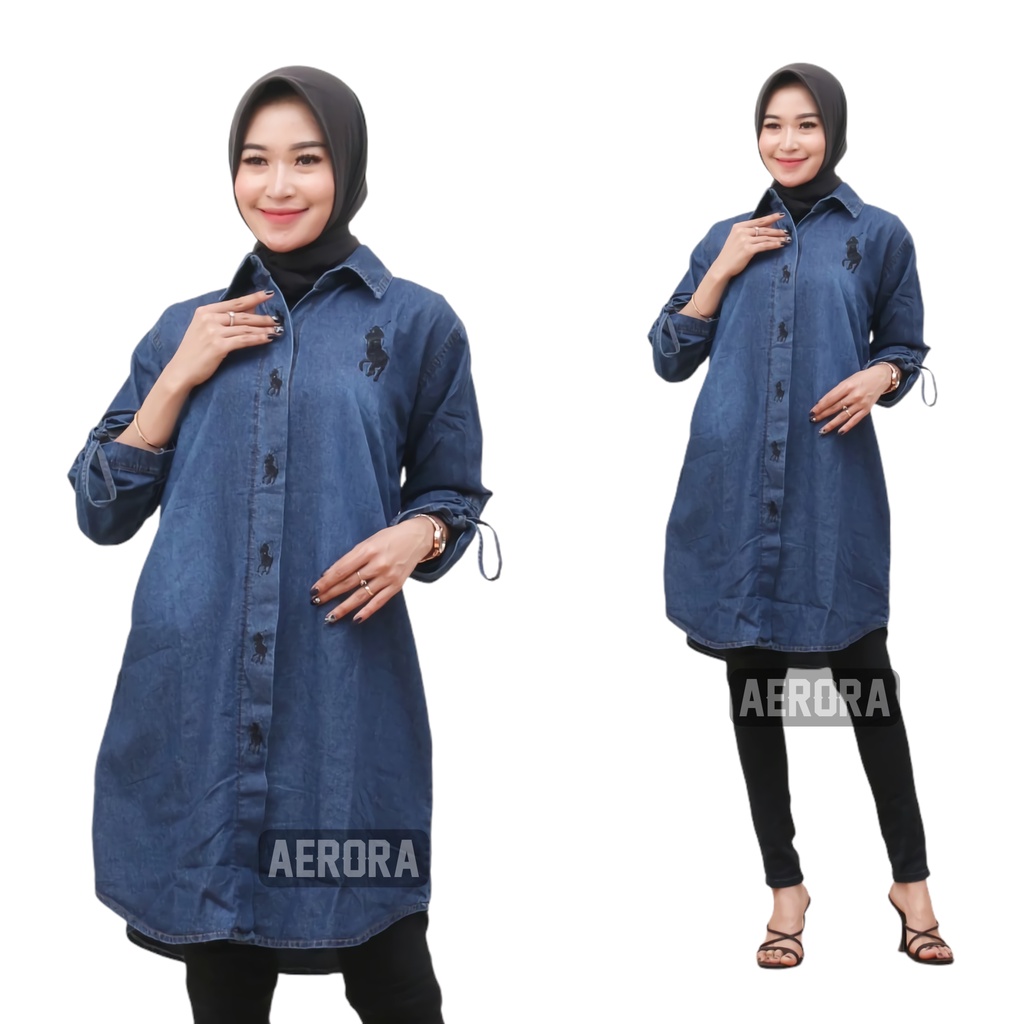 Baju Atasan Tunik Jeans Denim Wanita Terbaru 2022 Kekinian Bordir Bunga Premium Import Kancing Aktif Ld 110 P 100 New Polo Tunik Allsize