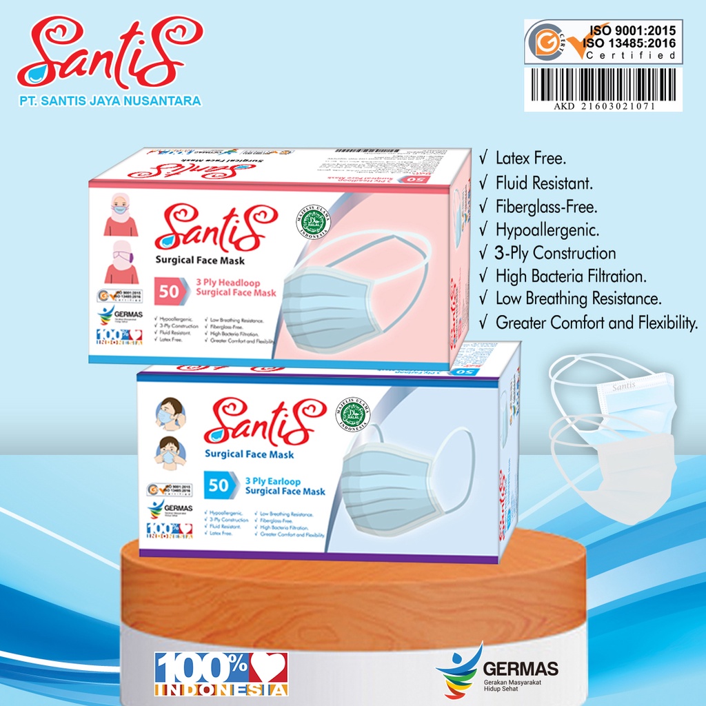 Masker Medis 3ply / Surgical Face Mask / Masker Bedah Santis Ealoop &amp; Headloop