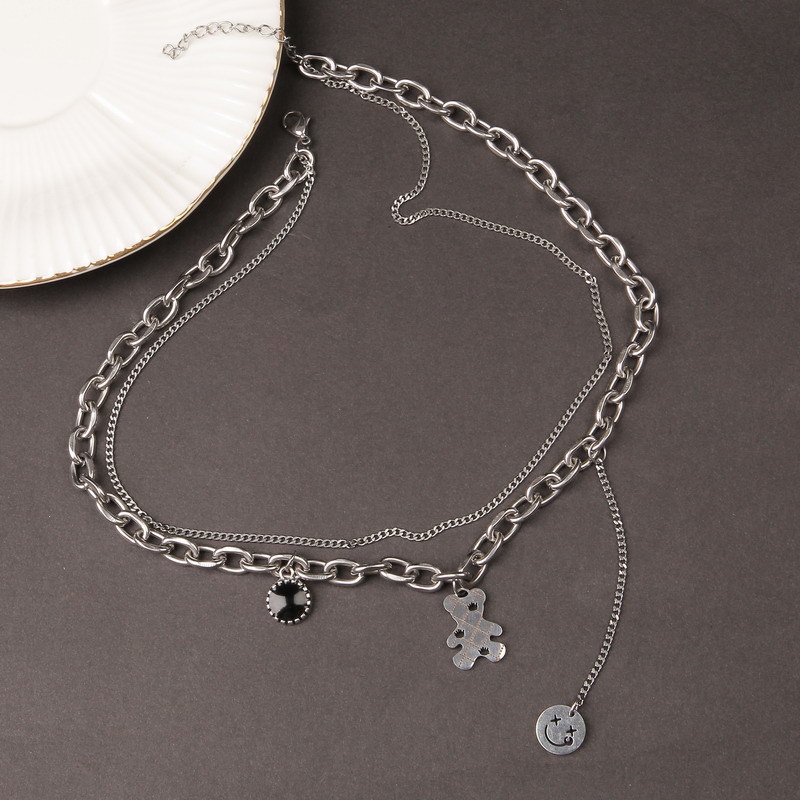 Titanium steel double-layer bear smiley face Kalung chunky Wanita Sederhana Rantai Klavikula influencer Daring hip Wanita