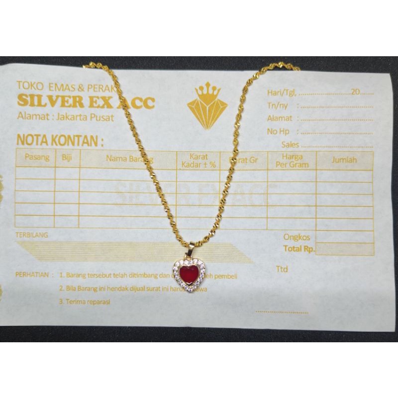 Cod termurah kalung ulir dengan liontin love batu merah berlapis emas 24k