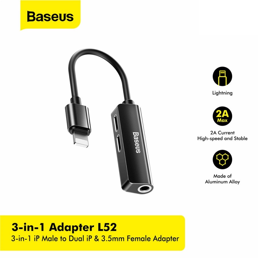 Baseus Original L52 3 in 1 Lightning Converter to Jack Audio 3.5mm Adapter Adaptor Kabel Iphone 8 Pl