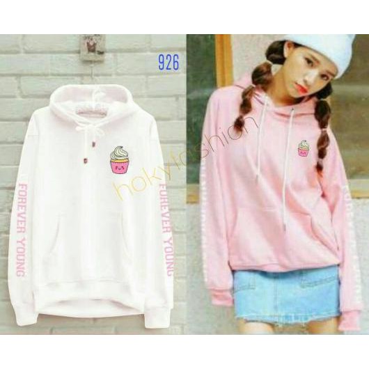 Michellestore Sweater Wanita Hoodie Korea Es Forever Young - Putih