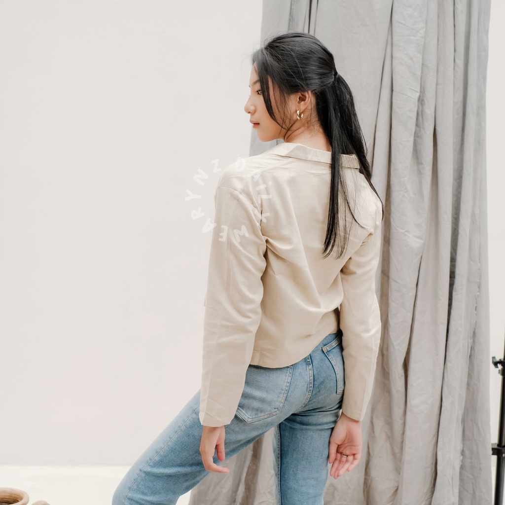 Kemeja Crop Linen Pocket Oversize Kemeja Crop Wanita Polos Atasan Wanita Terbaru