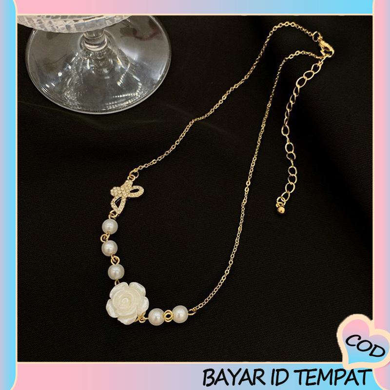 COD❤️ Desain Niche Indah Mutiara Busur Mawar Kalung Gadis Temperamen-A.one