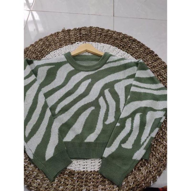 SWEATER RAJUT CROP TOP motif zebra premium