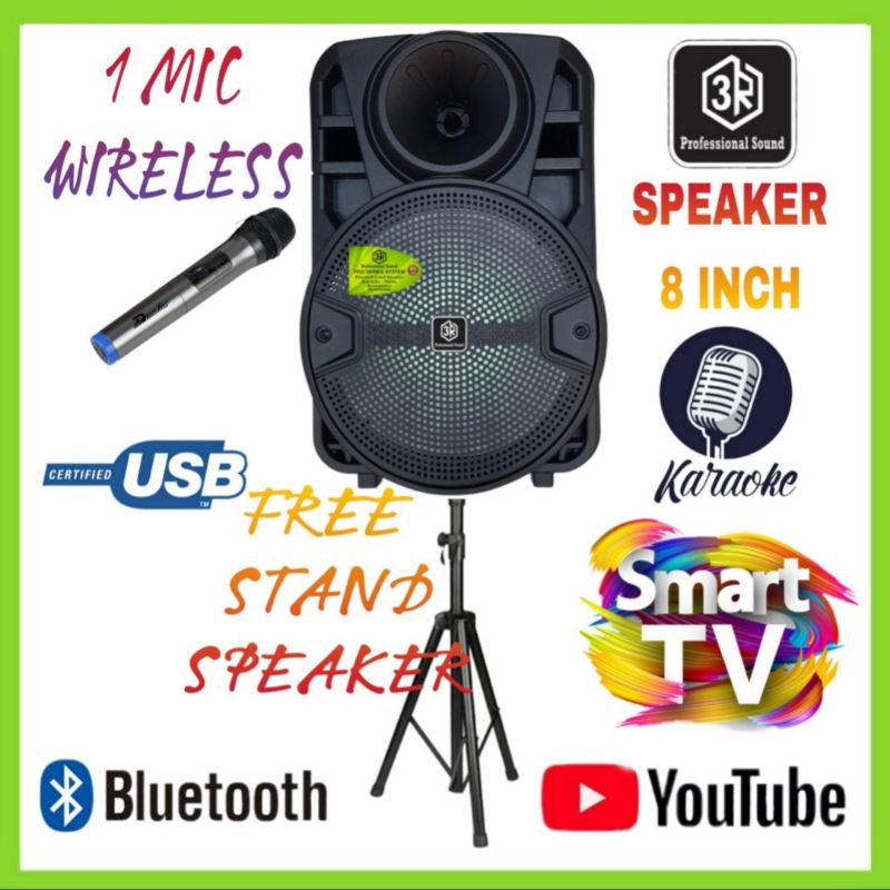 Speaker Portable 3R 8 Inch Karaoke Smart Tv Youtube + Stand Speaker