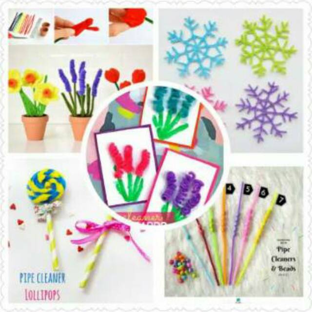 Mainan DIY Pipe Cleaner/ Kawat Bulu Pom Pom 16pcs Kreasi Anak Lucu Murah/ Bahan KTK Sekolah