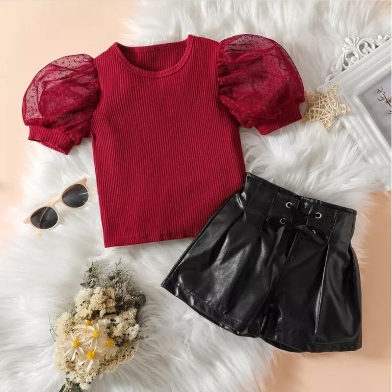 Setelan baju anak/bayi perempuan lengan pendek puff + rok kulit import