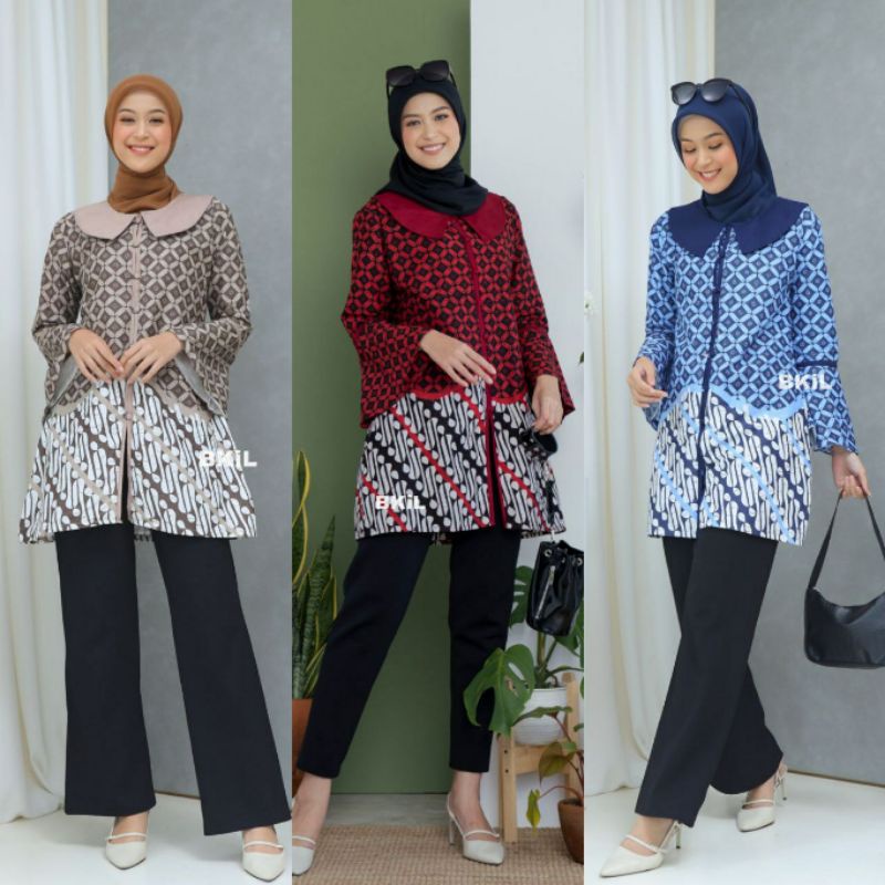 Kawung Tunik Batik Baju Batik Wanita Modern Atasan Batik Kerja Wanita Kantor Blouse Batik Wanita Kantor M L XL XXL Seragam Batik