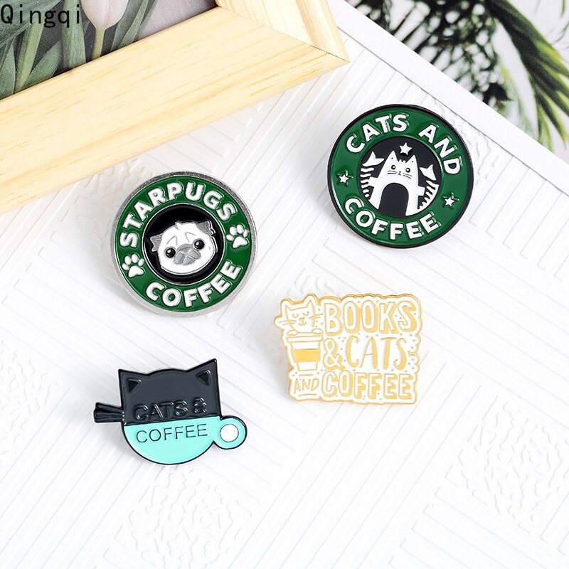 Bros Pin Enamel Bentuk Kucing / Anjing / Kopi Untuk Aksesoris Pakaian / Tas