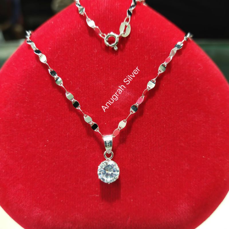 (COD)Kalung toscano/biji timun + liontin Desy remaja &amp; dewasa mata diamond putih kilau perak asli 925/Silver 925 lapisan emas putih murni!!!