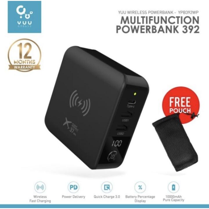 YUU YPB392WP Multifuntion Power bank  Wireless, PD Quick Charge 3.0 dan Colokan International