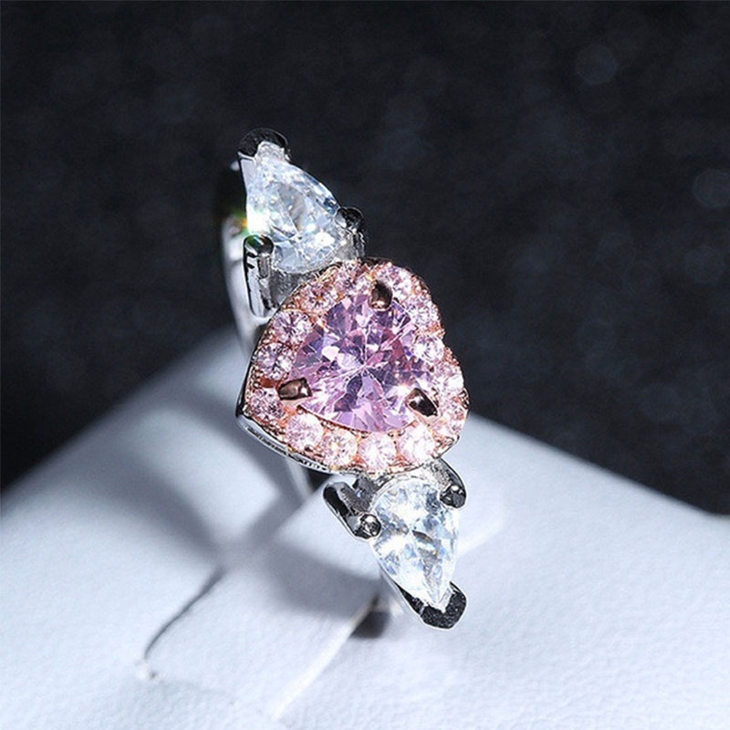 Cincin Adjustable Desain Hati Bahan Stainless Steel 925 Hias Zircon Warna Pink Untuk Wanita