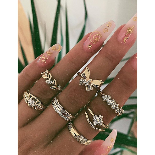 LRC Cincin Set Fashion Silver Alloy Rhinestone Leaf Butterfly Ring Set D34656