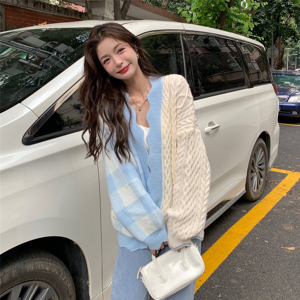 [littlecrab] Cardigan Oversize Biru Putih Knit Two Tone Korea Outer Rajut Gingham Import Berkualitas Korean Style