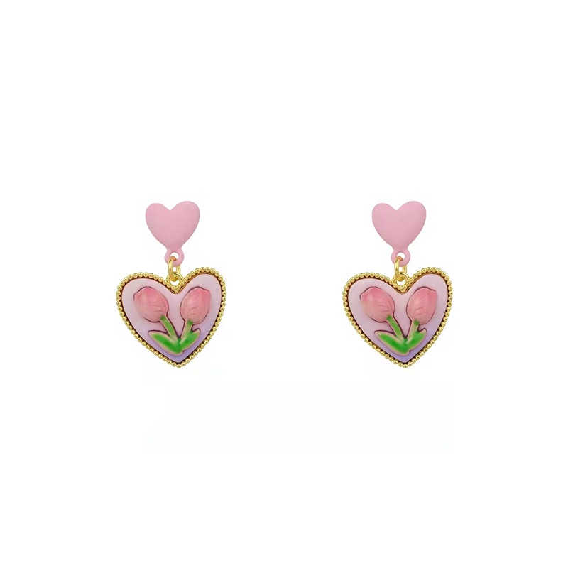 1 Pasang / set Anting Liontin Bentuk Hati Tulip Warna Pink Gaya Korea Untuk Wanita