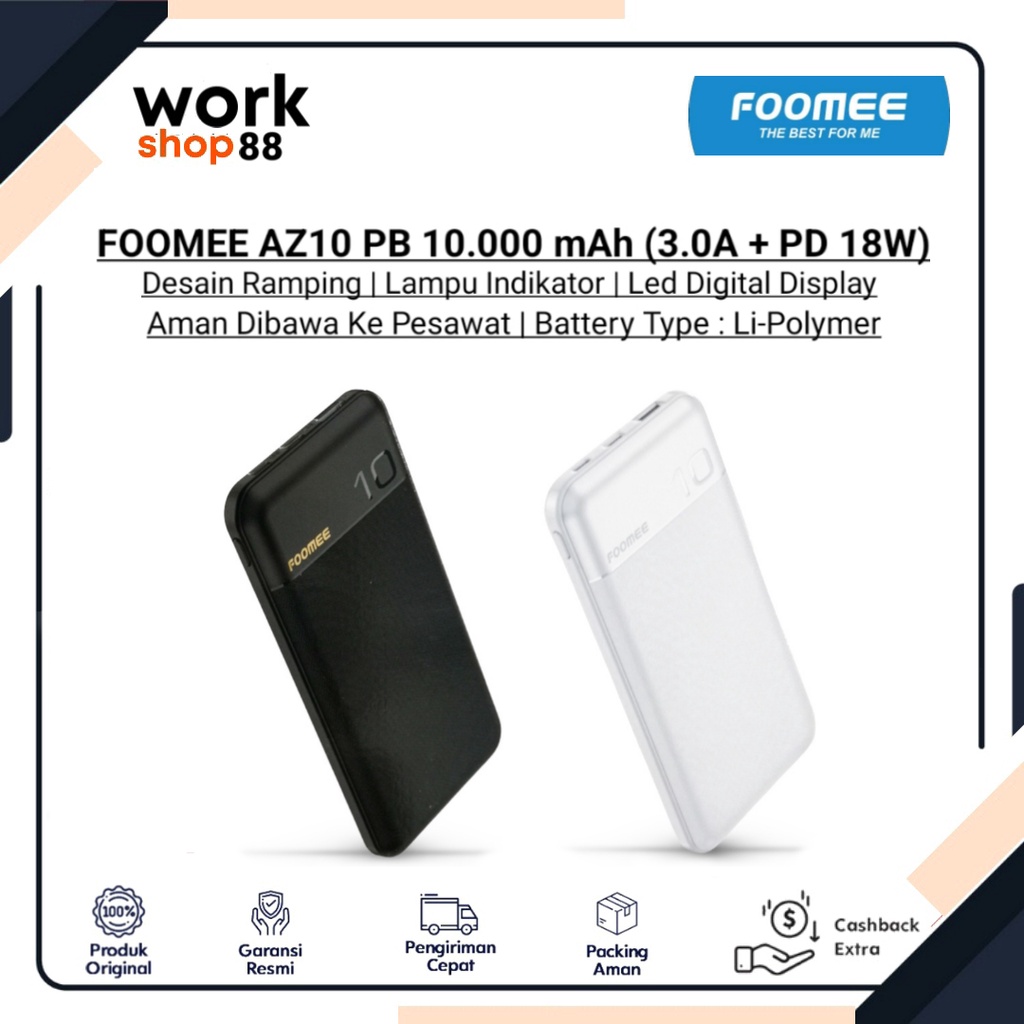 Produk Baru - FOOMEE AZ10 Power Bank 10000 mAh Slim 3.0A + PD 18W - New Original Garansi Resmi - PB 