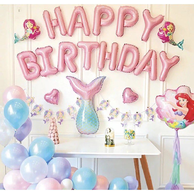 Jual Paket Set balon ulang tahun dekorasi set Happy birthday mermaid