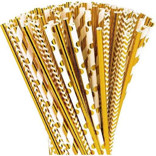 25 pcs Sedotan Kertas Emas Gold dan Perak Silver ~ Paper Straw Gold Silver ~ Banyak Motif